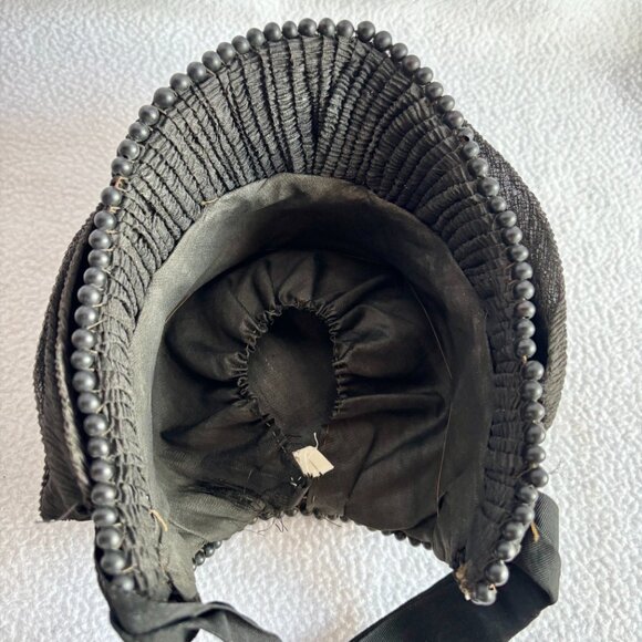Antique Victorian Black Crepe Beaded Ruched Bonnet main image 13